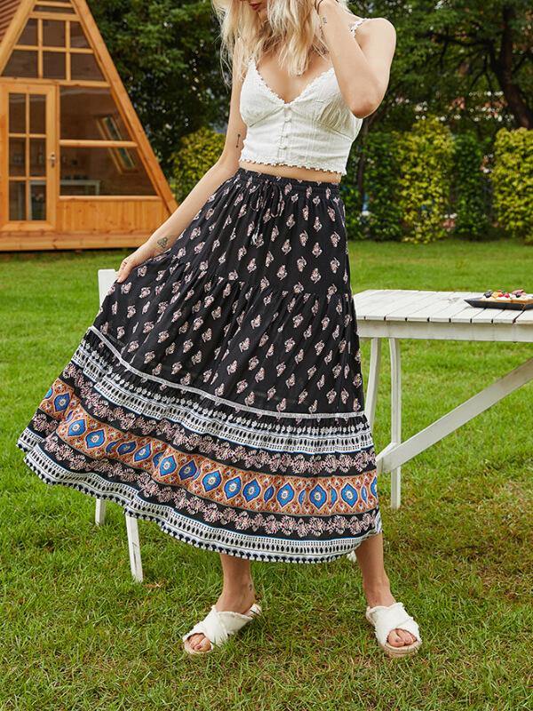 Women Holiday Shift Bohemian Floral Printed Long Casual Beach Maxi Skirt - CHALIER
