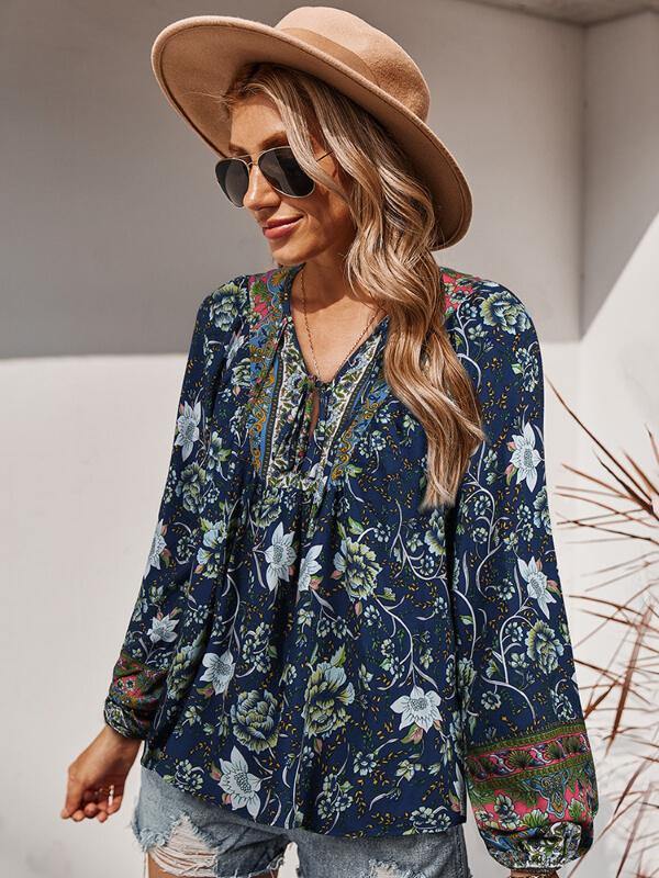 Women's V Neck Floral Printed Shirt&Top - CHALIER