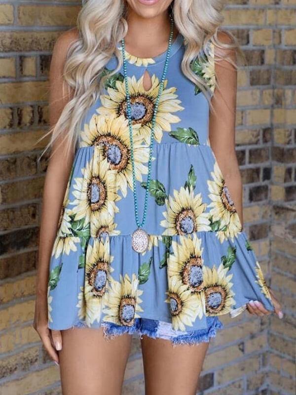 Womens Sunflower Printed Sleeveless Ruffle Hem Top - CHALIER